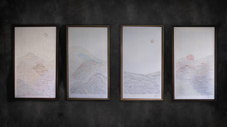 Archana Pathak, Reimagined Landscape series, 2022. Four works, each sized 38cm x 68cm. Hand embroidery. Vintage linen/ hemp. Photo: Adele Annette
