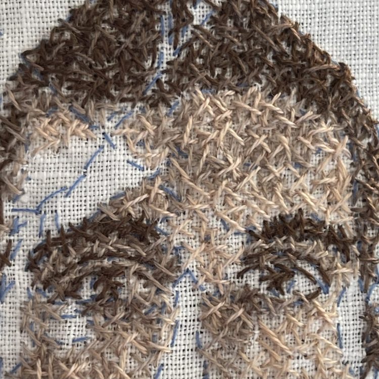 Sharon Peoples, Portrait of Oscar (detail), 2022. Embroidery: 9.5cm x 15cm (4" x 6"). Random cross stitch hand embroidery. Cotton threads, linen fabric, mixed media.