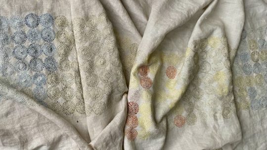 Claire Wellesley-Smith, Shift, 2022. 3m x 50cm (118" x 20" ). Hand stitch. Recycled linen, naturally dyed silk thread.