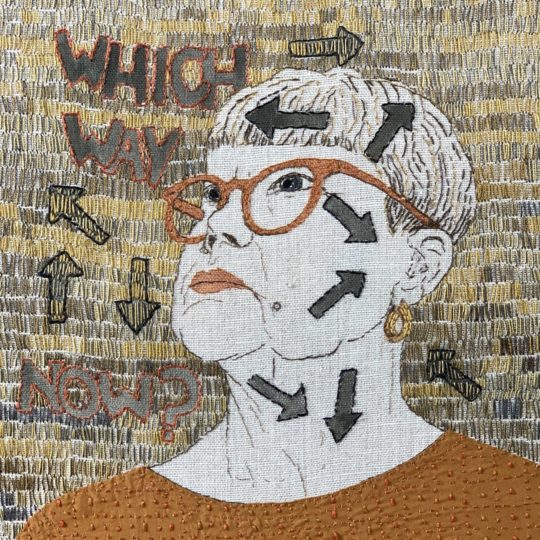 Sue Stone, Self Portrait Number 67, 2020. 26cm x 30cm (10" x 12"). Hand stitch, appliqué, drawing. Linen/cotton fabric, cotton threads, Winsor & Newton Pro marker. Photo: Pitcher Design