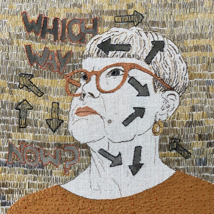 Sue Stone, Self Portrait Number 67, 2020. 26cm x 30cm (10" x 12"). Hand stitch, appliqué, drawing. Linen/cotton fabric, cotton threads, Winsor & Newton Pro marker. Photo: Pitcher Design 