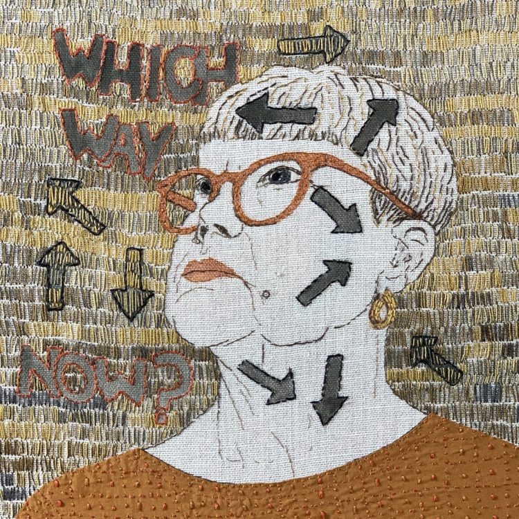 Sue Stone, Self Portrait Number 67, 2020. 26cm x 30cm (10" x 12"). Hand stitch, appliqué, drawing. Linen/cotton fabric, cotton threads, Winsor & Newton Pro marker. Photo: Pitcher Design