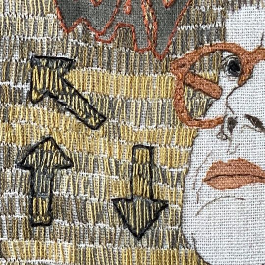Sue Stone, Self Portrait Number 67 (detail), 2020. 26cm x 30cm (10 x 12). Hand stitch, appliqué, drawing. Linen/cotton fabric, cotton threads, Winsor & Newton Pro marker. Photo: Pitcher Design