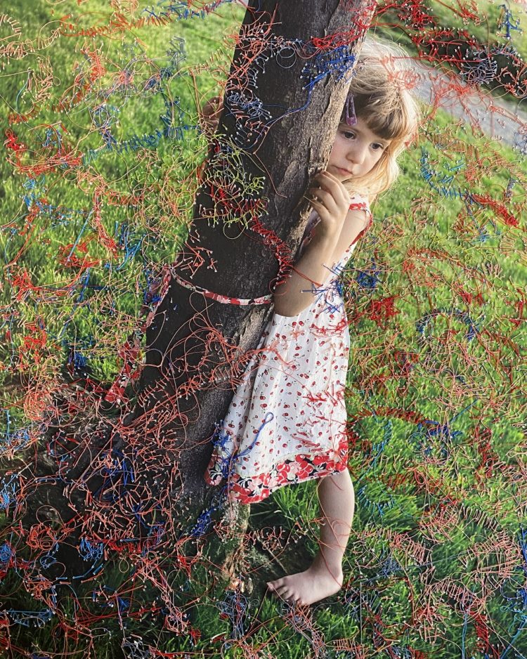 Melissa Zexter, Girl and Tree, 2022. 43cm x 55cm (17" x 22"). Hand sewing on archival pigment print. Thread, archival pigment print.