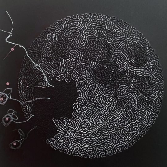Yuka Hoshino, The Moon as an Infinite Loop (detail), 2022. 30cm x 30cm (12" x 12"). Embroidery on paper. Cotton thread.