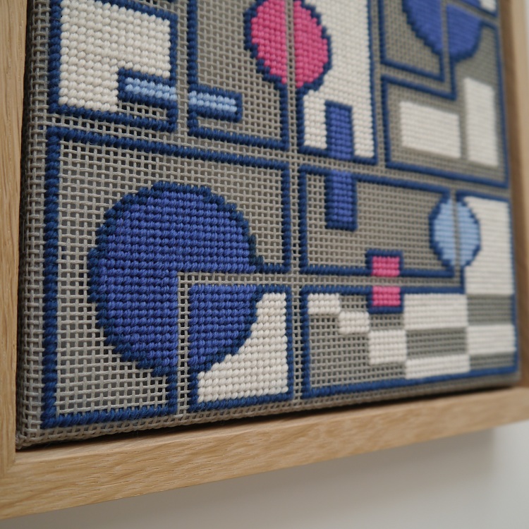 Zoe Gilbertson: Circles and Squares (Detail), 2016, Oak frame, tapestry canvas, spray paint, tapestry wool using tent stitch