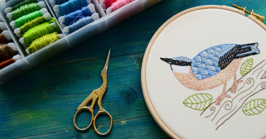 Chloe Redfern: Nuthatch (Embroidery with thread box and scissors), 2015, Hand embroidery with stranded cotton