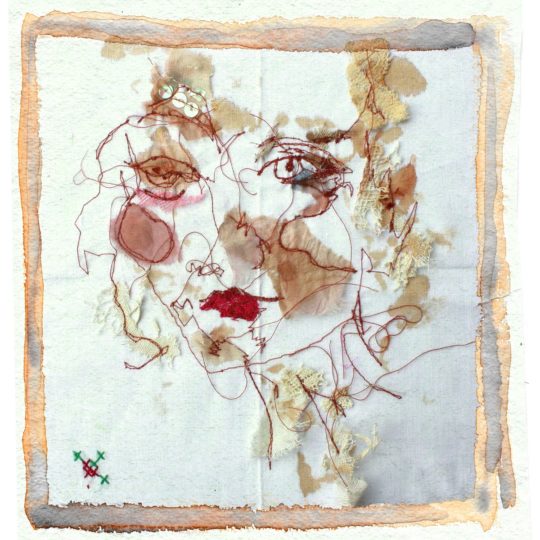 Ailish Henderson: Sunday morning flowers (one of my Lady-chief designs), 2018, Hand embroidered collage on vintage hankie, digitally printed onto Silk Satin