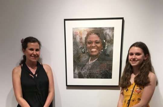 Melissa Zexter and her daughter Mirabelle, with Cori Bush portrait on view at Robert Mann Gallery in New York City
