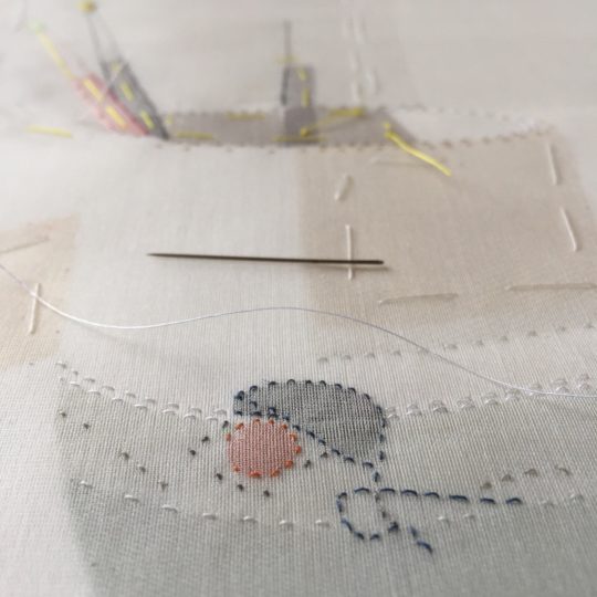 Emily Jo Gibbs: Beaker with Paint Brushes close up on stitching detail