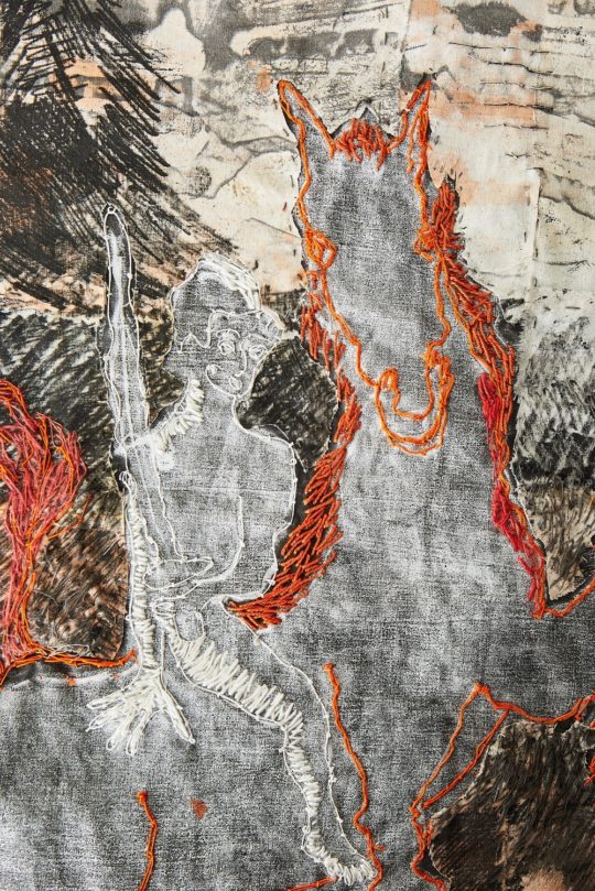 Flox den Hartog Jager: The Four Riders: Red (Detail), 2017, Cotton, flour paste resist, monoprint, hand embroidery
