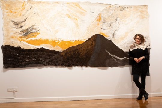 Zetta Kanta: High Country Sunrise, 2017, Wool, Silk, Bamboo. Felted. Hand spun yarn embroidery