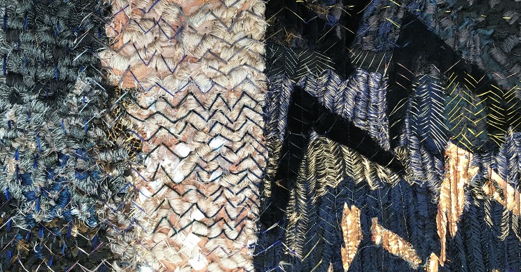 Hazel Bruce: ‘Make do and mend’ pieced fabrics connected by repeated stitched pattern blocks