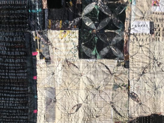 Hazel Bruce: This is where I am (Detail), 2013, Linen, cotton, silk, salvaged screen print fabric. Piecing, patching, hand and machine stitch