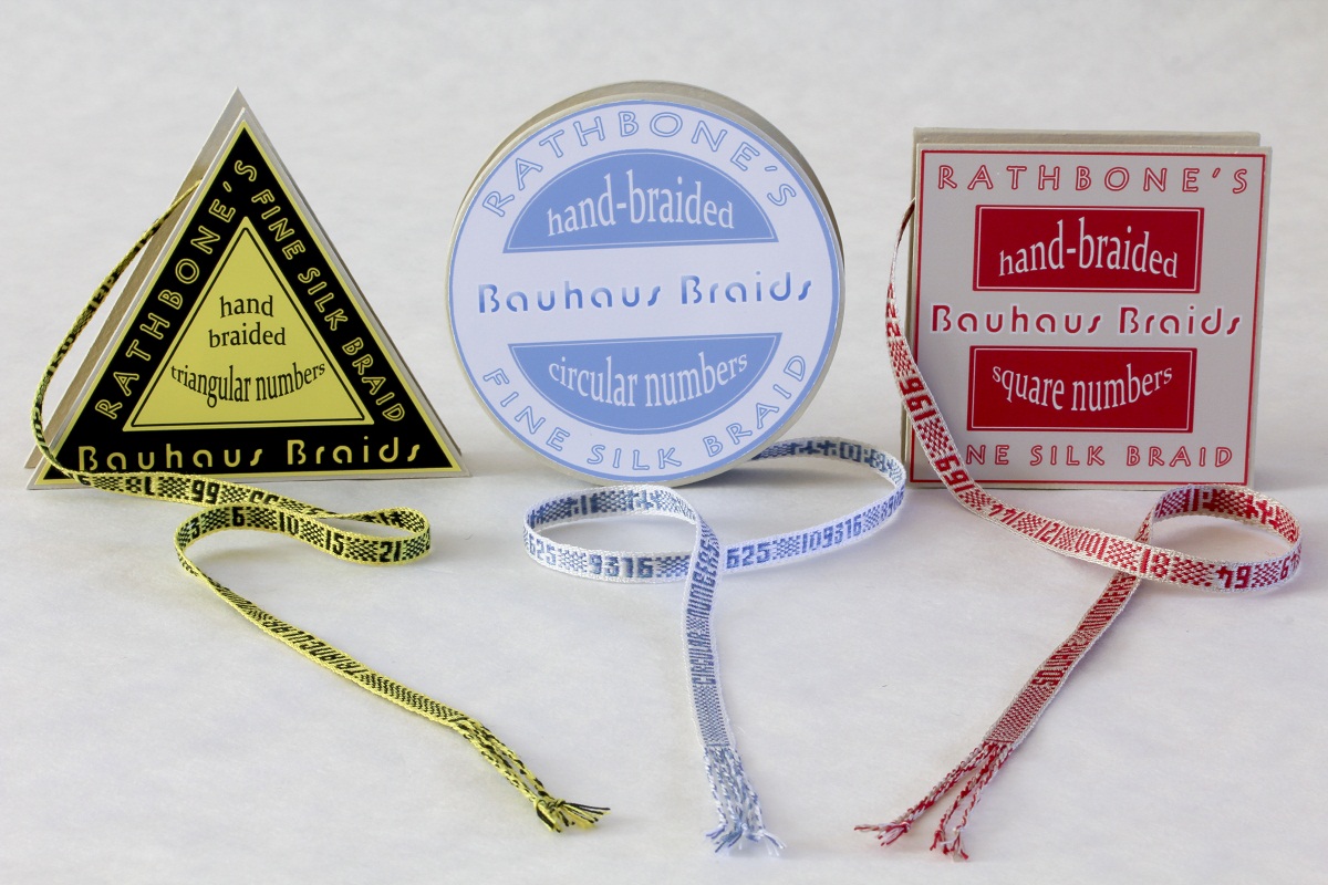 Marilyn Rathbone: Bauhaus Braids, 2015, silk thread, grey board, acrylic paint, paper /inkle weaving, box making
