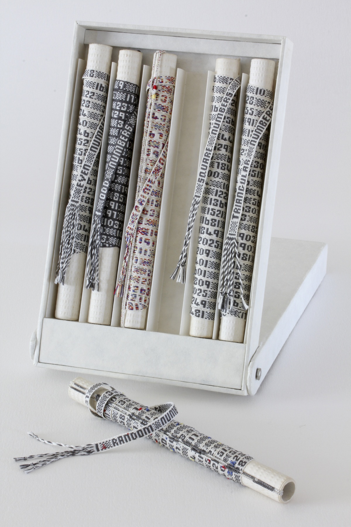 Marilyn Rathbone: Six Degrees of Separation, 2008-9, silk thread, grey board, Kraft paper / Inkle weaving, Lucet braiding, box making