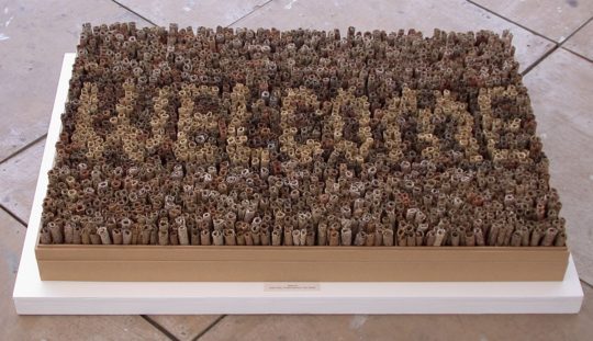 Marilyn Rathbone: Welcome, 2000, 1,300 sheets of petal “pile”, grey board, Kraft paper 93 x 42 x 8 cm paper making, box making