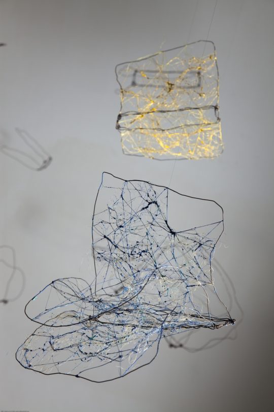 Patrizia Polese: Booknapsi, 2013, installation, iron, hemp, silk, acrylic colour drops