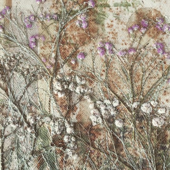 Caroline Hyde-Brown: Gypsophila on lokta paper (Detail), 2012, Dried Gypsophila blossom on lokta paper with embroidery