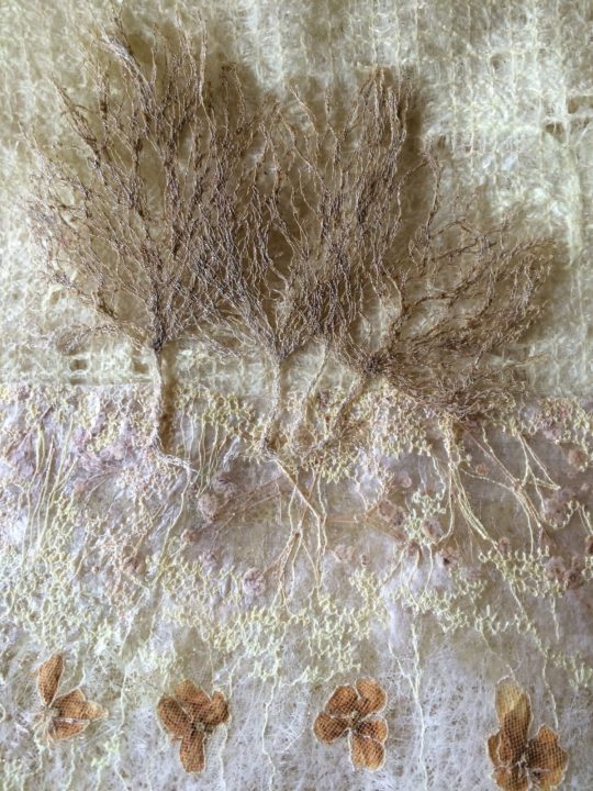 Caroline Hyde-Brown: Delicate trees, 1999, Soluble canvas embroidery, dried flowers and tulle netting