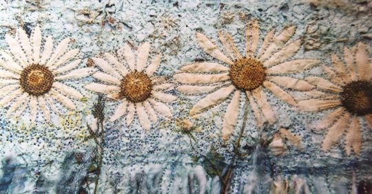 Caroline Hyde-Brown: Shasta Daisy on kozo paper & fibres, 2005, Dried flowers with raw fibres and embroidery