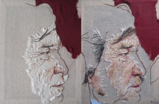 Emily Tull: Lord Melvyn Bragg comparsion, 2014, hand stitching on muslin, linen and polyester