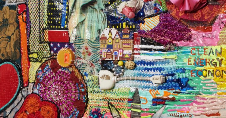 Julie Peppito: Cynthia 4 NY (Detail), 2018, Fabric, thread, found objects, fabric paint, acrylic and pins