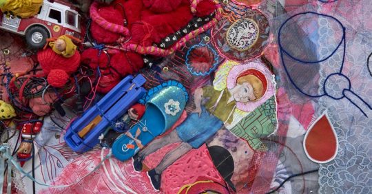Julie Peppito: It's in the Water (Toxic "Reform" Law Will Gut States Rules on Dangerous Chemicals by Sharon Lerner) (Detail), 2016, Canvas, trim, oil paint, gouache, thread, acrylic paint, found objects, dimensional fabric paint, fabric and grommets