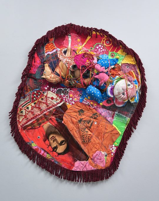 Julie Peppito: Throw-Away Rug, 2016, Oil paint, gouache, acrylic, paint, fabric paint, thread, found objects, trim, lace and grommets, on canvas