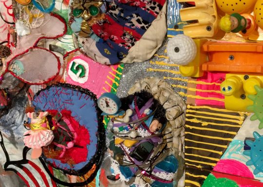Julie Peppito: Wake Up (Detail), 2018, Canvas, trim, thread, acrylic paint, wood, found objects, dimensional fabric paint and fabric