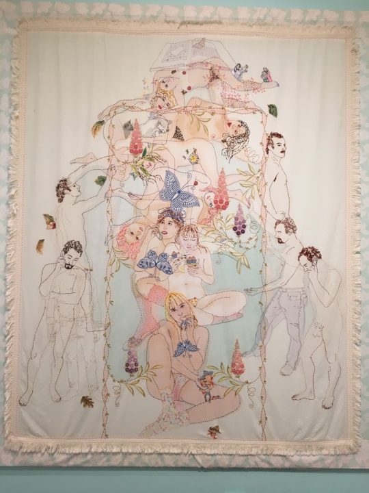 Orly Cogan: Sugar n Spice, 2018, Hand stitched embroidery, applique and paint on vintage bed cover
