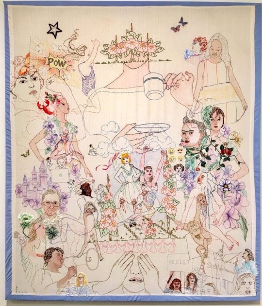 Orly Cogan: POW (The Power of Women), 2018, Hand stitched embroidery, crochet, applique and paint on vintage bed cover