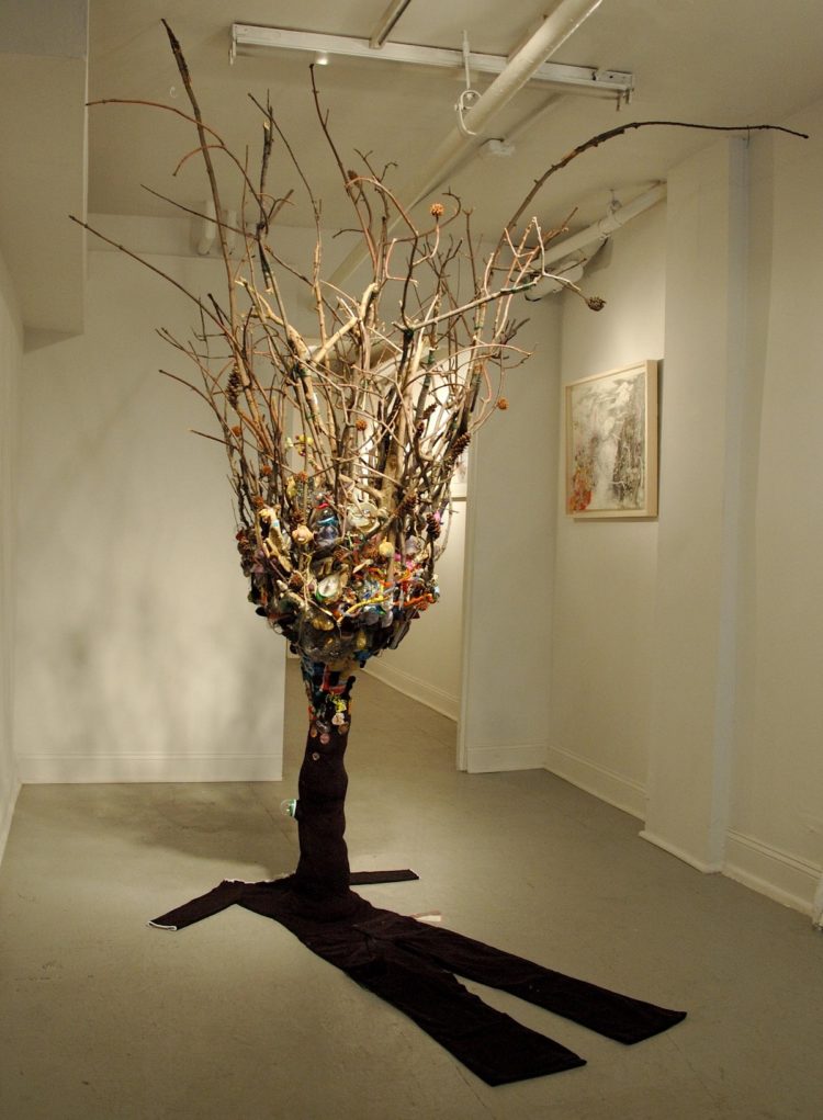 Julie Peppito: Trying Not To Die, 2009, Installed at Heskin Contemporary, NYC. Clothing, twigs, insects, trash, thread, fabric, wire