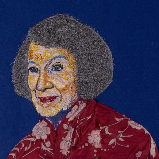 Sorrell Kerrison, Margaret Atwood on Blue, 2017. Hand-stitch, appliqué on felt. Calico, DMC threads, goldwork purl.