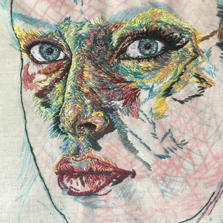 Sorrell Kerrison, Self Portrait work in progress (Detail), 2018. Hand-stitch. Calico, DMC threads.