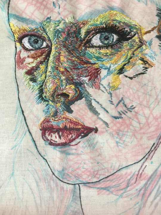Sorrell Kerrison: Self Portrait - Work in Progress (Detail), 2018, Hand-stitched using DMC embroidery threads on calico