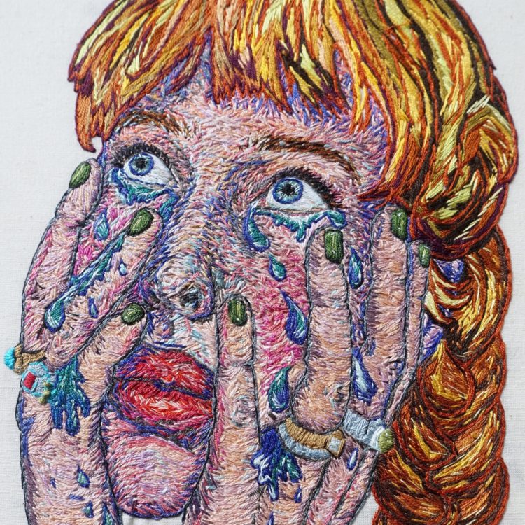 Sorrell Kerrison, Headless Relief, 2019. Hand stitch. Calico, DMC threads.