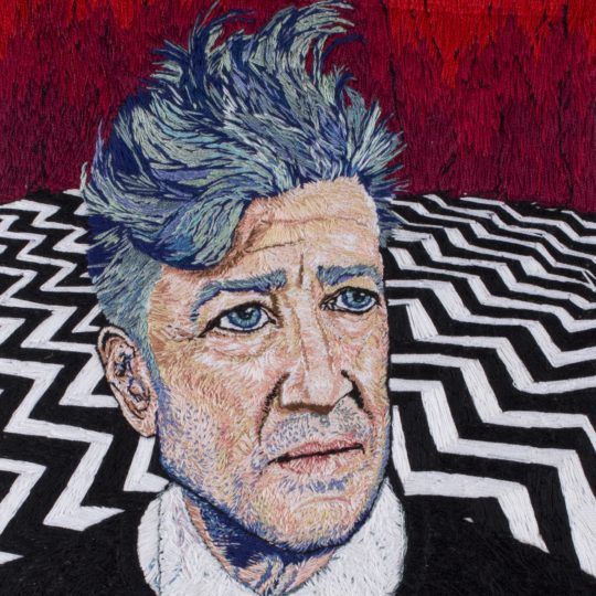 Sorrell Kerrison, David Lynch in the Red Room, 2017. Hand-stitch. Calico, DMC threads.