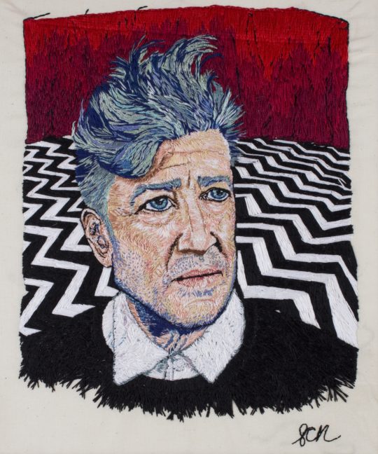 Sorrell Kerrison: David Lynch in the Red Room, 2017, Hand-stitched DMC thread on stretched calico
