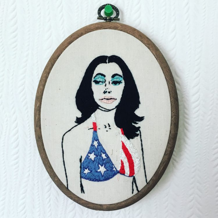 Sorrell Kerrison, PJ Harvey, 2017. Hand-stitch. Calico, DMC threads, framed.