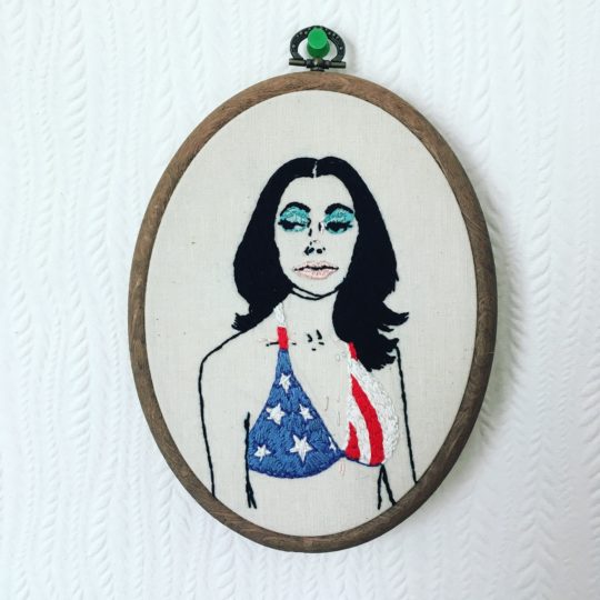 Sorrell Kerrison: PJ Harvey, 2017, Hand-stitched DMC thread on stretched calico in decorative frame
