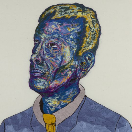 Sorrell Kerrison, Thomas Midgley portrait for the Bolton Museum, 2018. Hand-stitch. Calico, DMC threads.