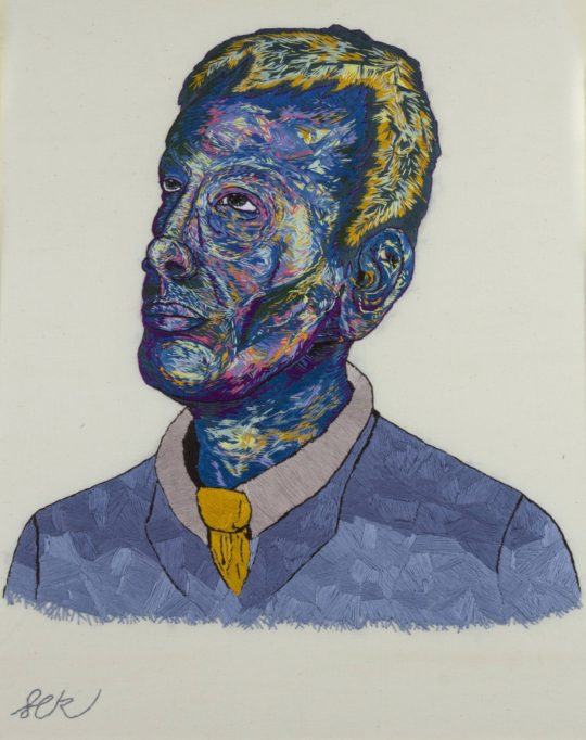 Sorrell Kerrison: Thomas Midgley portrait for the Bolton Museum, 2018, Hand-stitched DMC thread on calico
