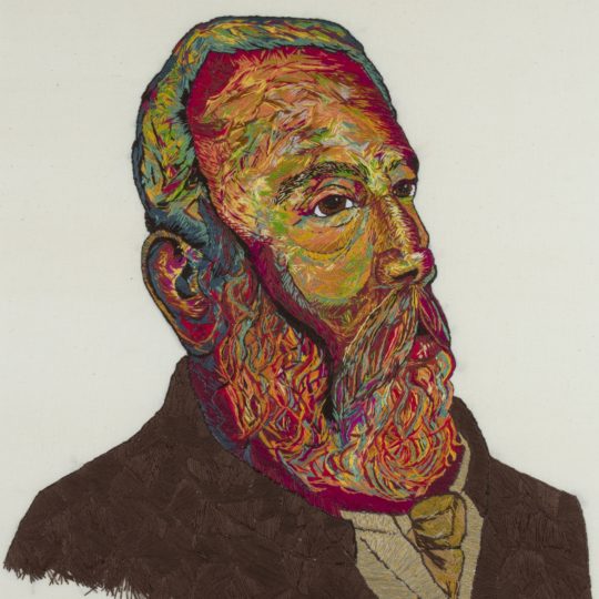 Sorrell Kerrison, William Midgley portrait for Bolton Museum, 2018. Hand-stitch. Calico, DMC threads.