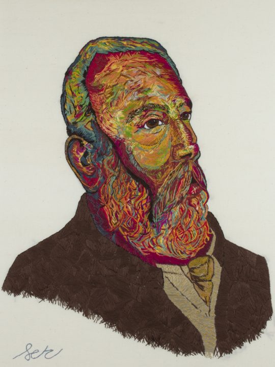 Sorrell Kerrison: William Midgley portrait for Bolton Museum, 2018, Hand-stitched using DMC thread on stretched calico