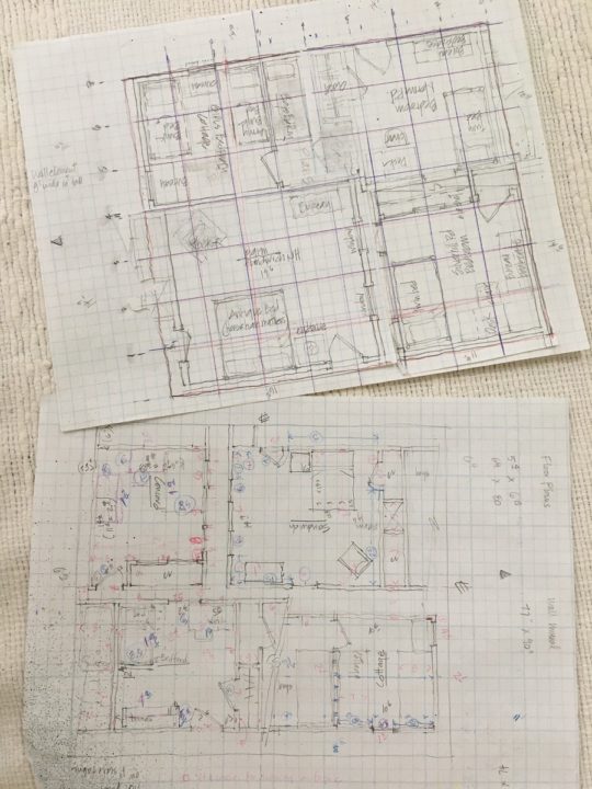 Merill Comeau: Sketches of remembered childhood rooms on graph paper