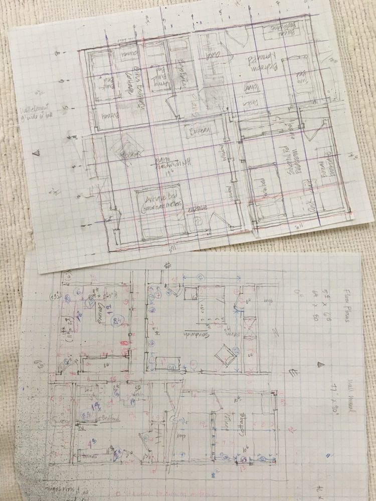 Merill Comeau: Sketches of remembered childhood rooms on graph paper 