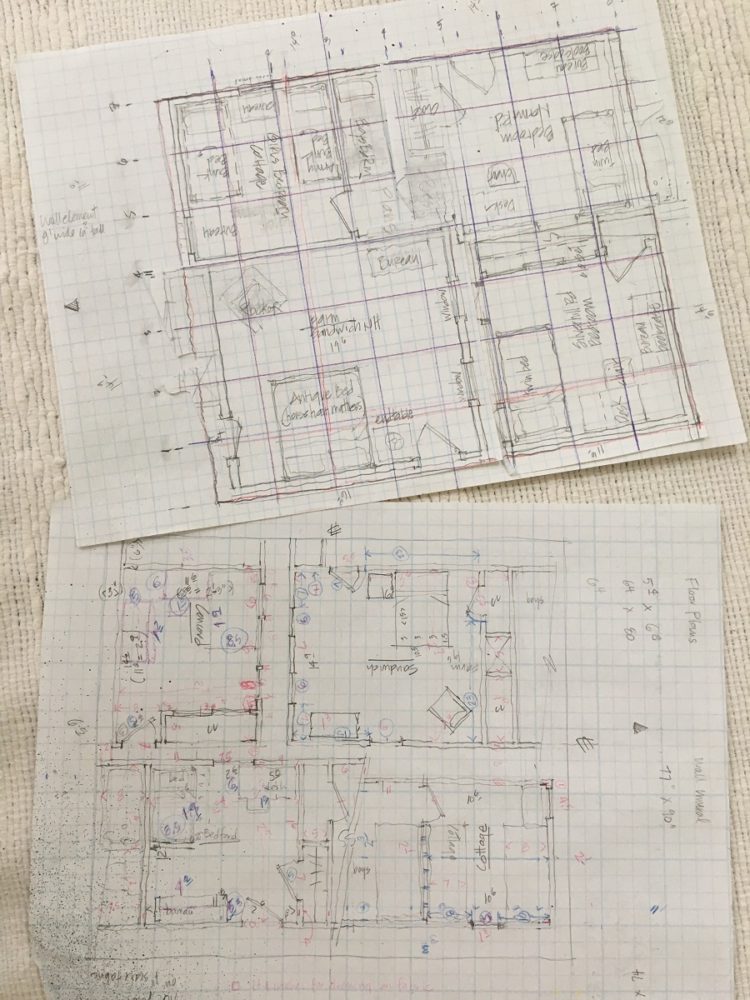 Merill Comeau: Sketches of remembered childhood rooms on graph paper