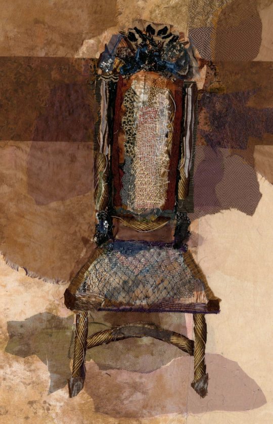 Barbara Shaw: 17th Century Chair, 2014, Fabric scraps including lace, chiffon, organza, cotton, silk and sparkly material. Grey thread to hand stitch the pieces together in layers
