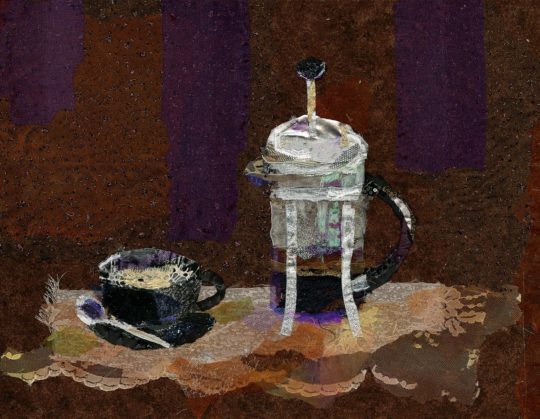Barbara Shaw: Coffee, 2016, Fabric scraps including lace, chiffon, organza, cotton, silk and sparkly material. Grey thread to hand stitch the pieces together in layers